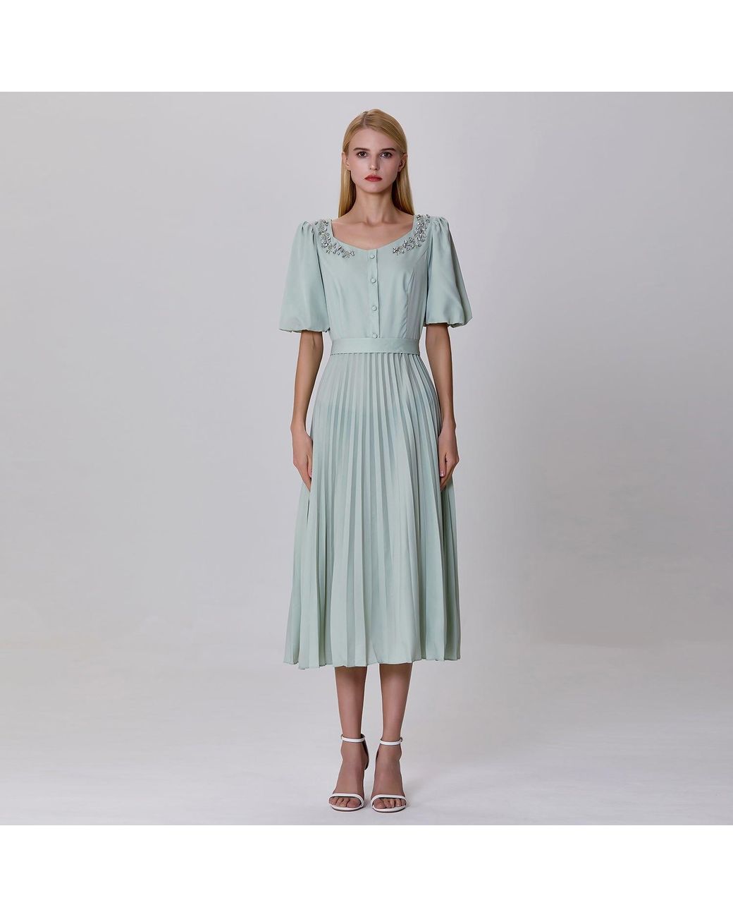 Smart and Joy Green Neutrals Pleats And Embroideries Blouse-Dress