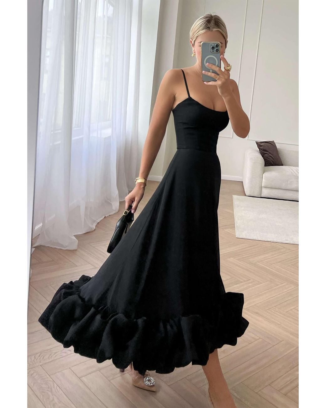 POST MERIDIEM Black Flounce Bustier Midi Dress