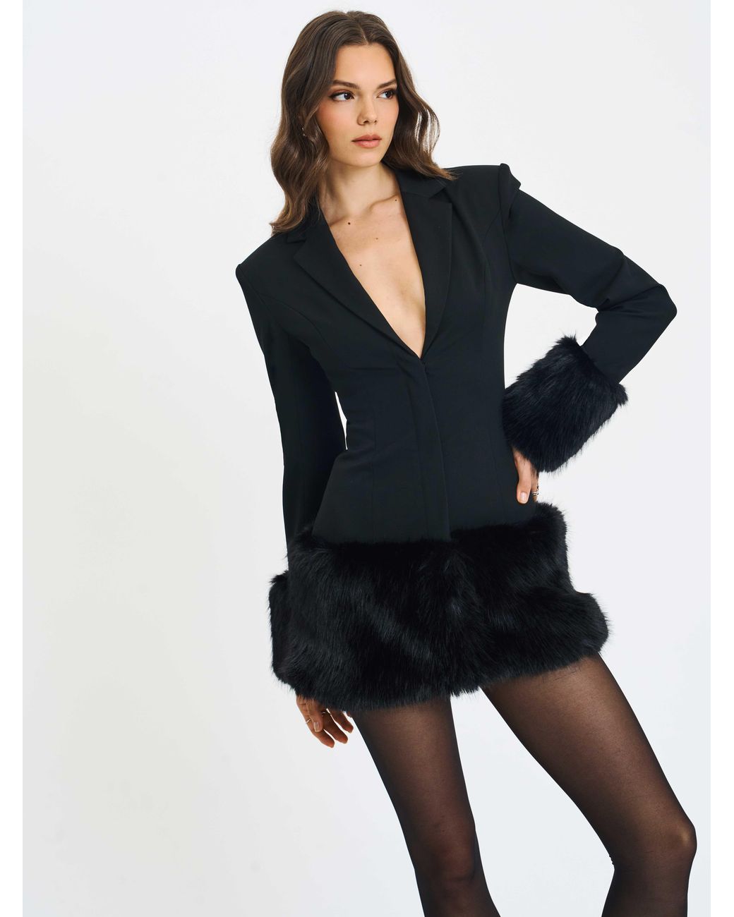 Miss Circle New York Blue Wenona Fur Trimmed V-Neck Mini Blazer Dress