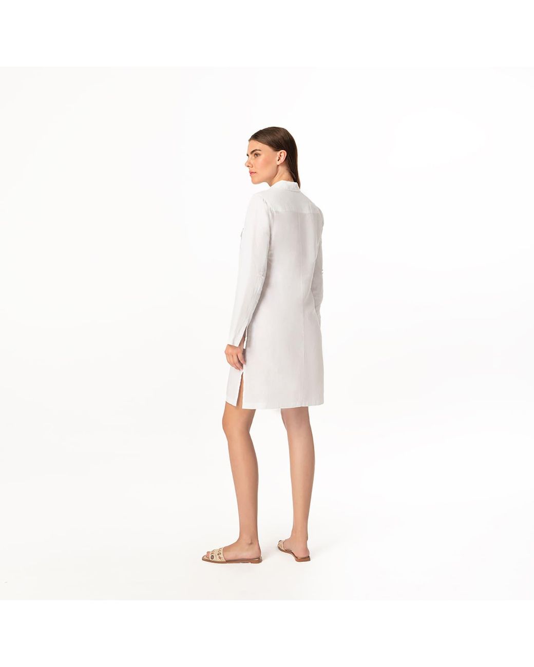Haris Cotton White Long Sleeved Linen Shirt Dress With Front Pockets