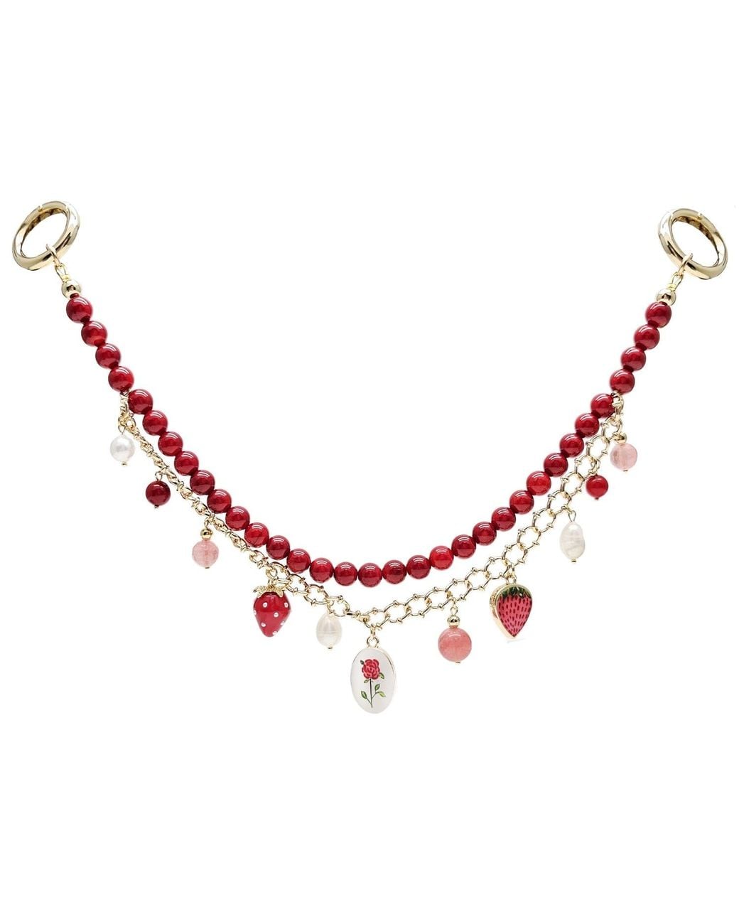 Farra Red Bamboo Coral With Strawberry And Rose Double Layers Chain Bag Charm