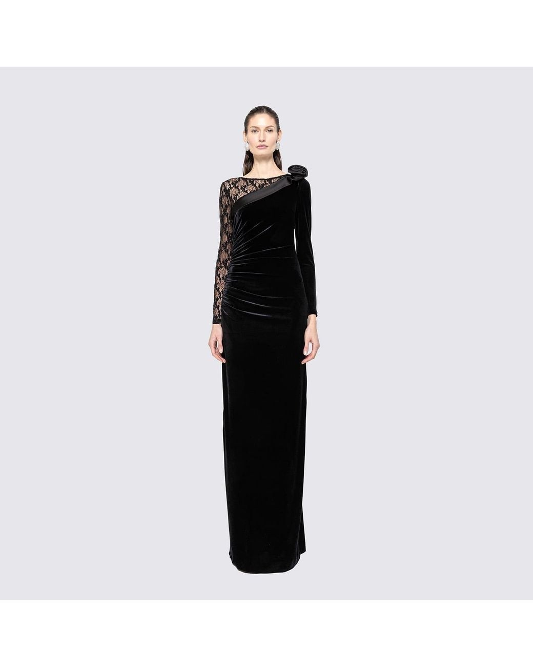 Nissa Black Lace-Trim Velvet Maxi Dress