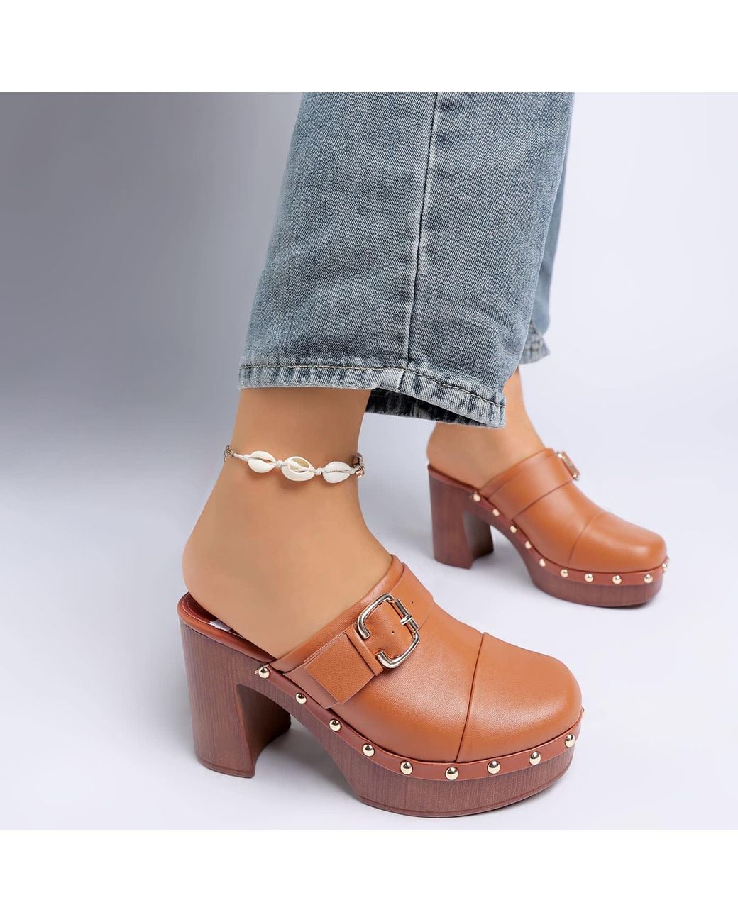 Rag & Co Brown Septim Genuine Leather Studded Clog Heels