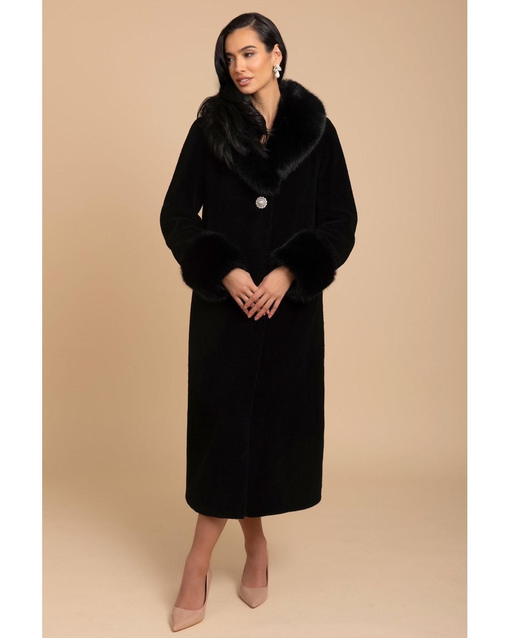 Santinni Black Sunset Boulevard Long Wool Coat With Faux Fur Collar
