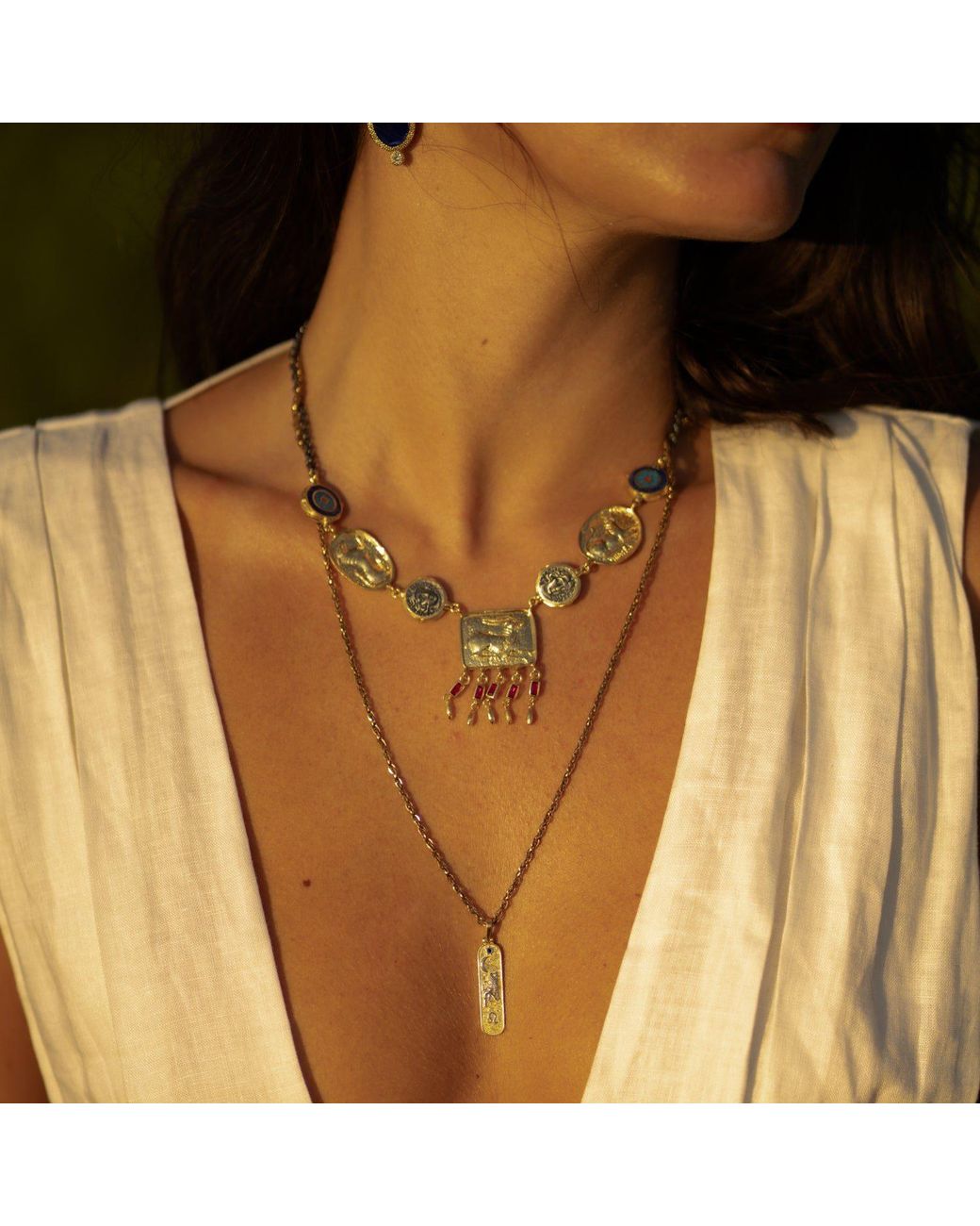 Ebru Jewelry Metallic Amulet Gathering Evil Eye & Ruby Fringe Two Tone Necklace