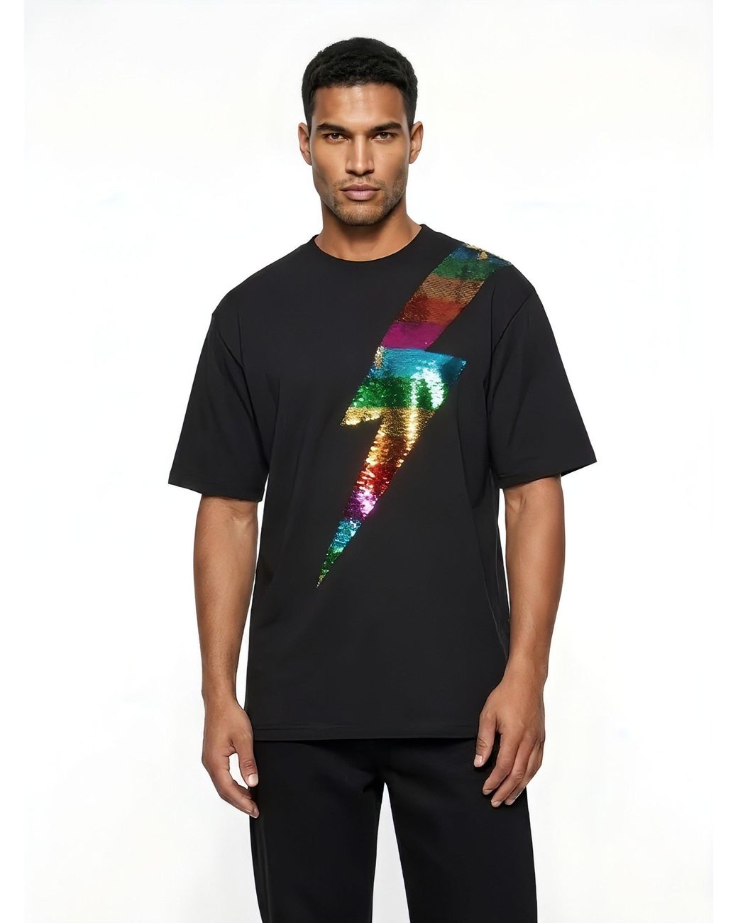 Any Old Iron Black Sequin Lightning T-Shirt for men
