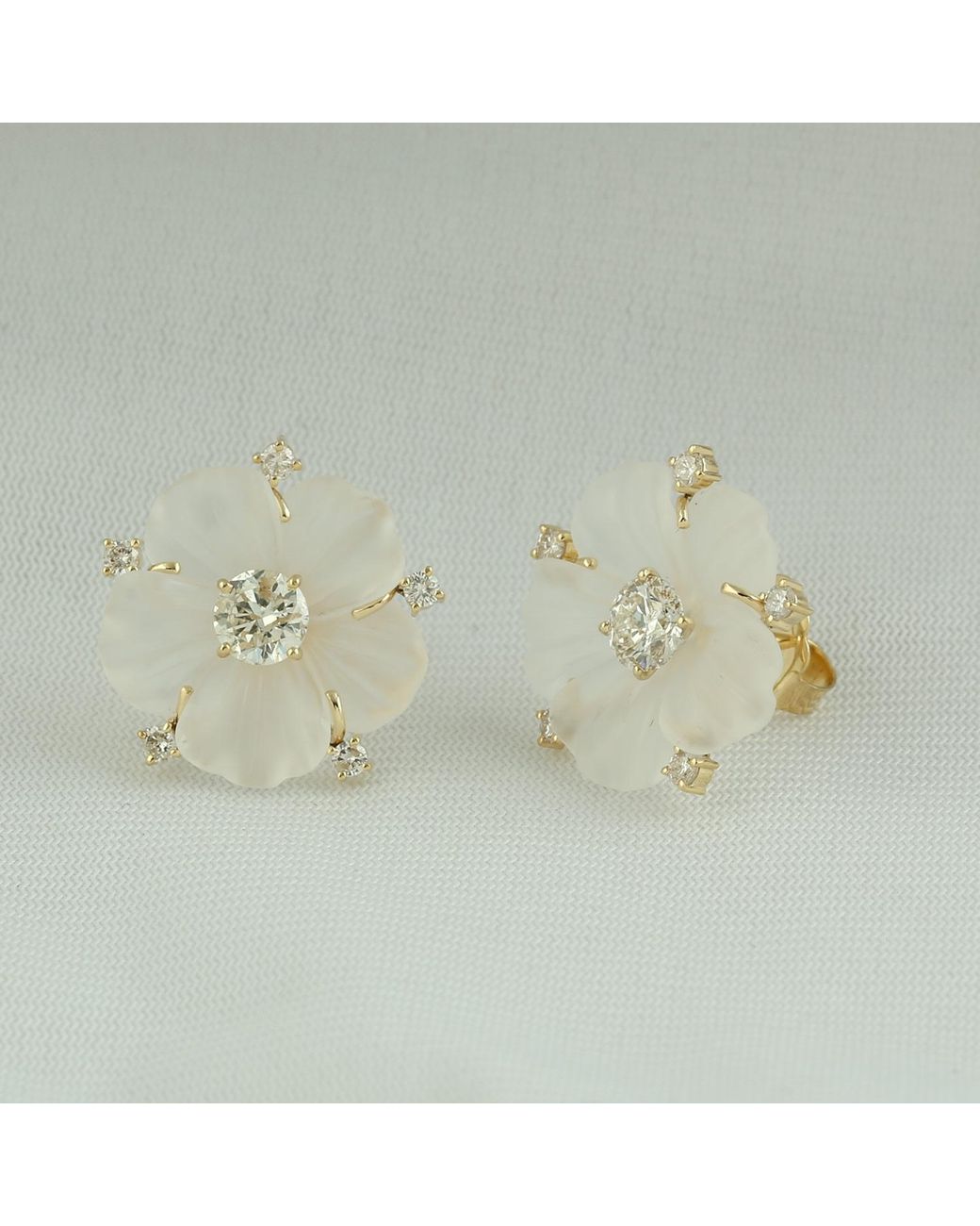 Artisan Multicolor 14K Carved Crystal & Diamond Flower Stud Earrings