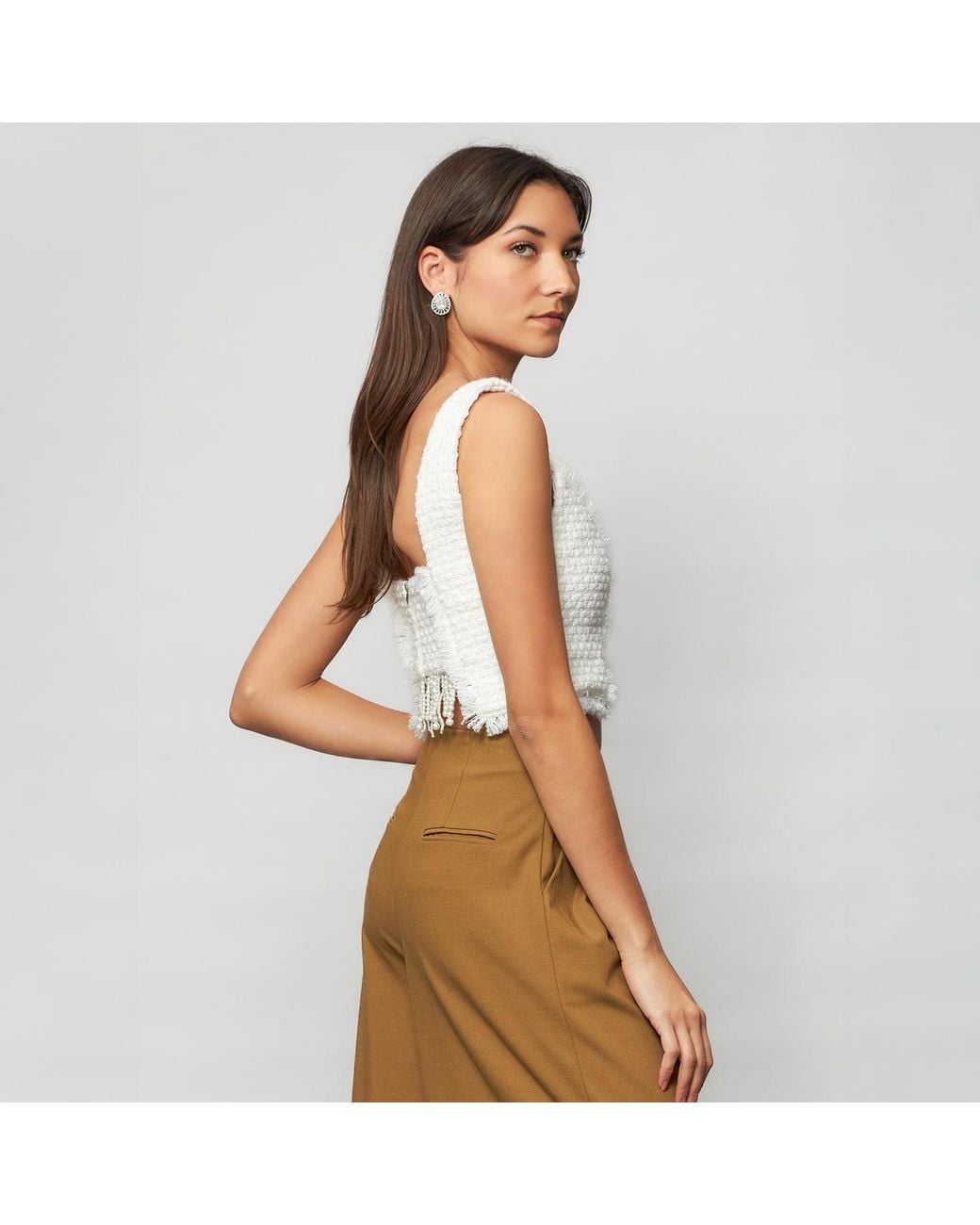 Solgo Atelier White Tia Sleeveless Crop Top Shimmering Tweed Bouclé With Pearl Fringes
