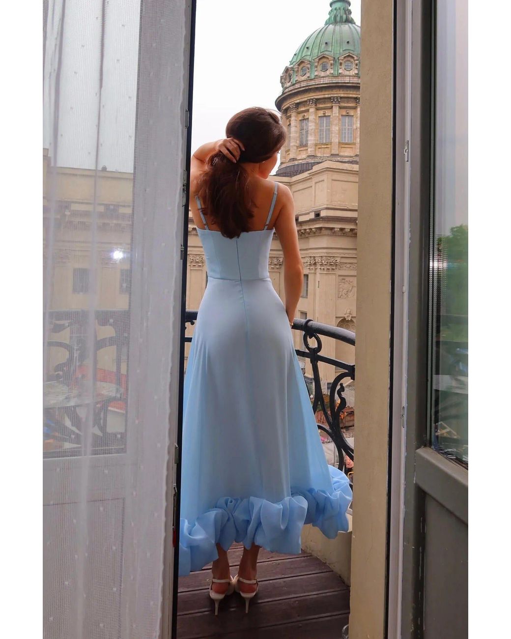 POST MERIDIEM Blue Flounce Bustier Midi Dress