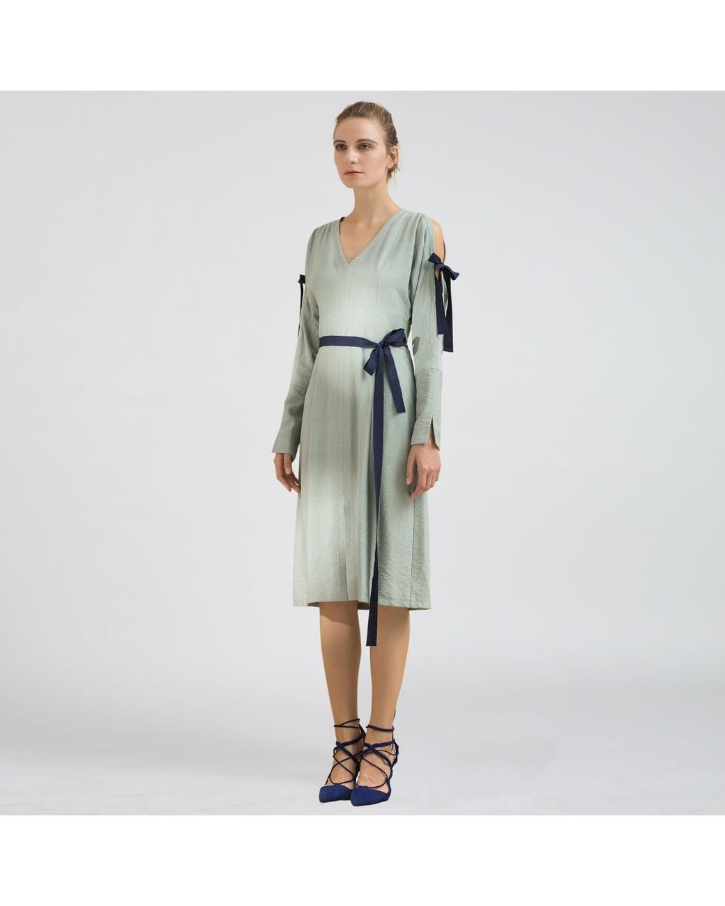 Smart and Joy Green Cold Shoulder V-Neck Dress