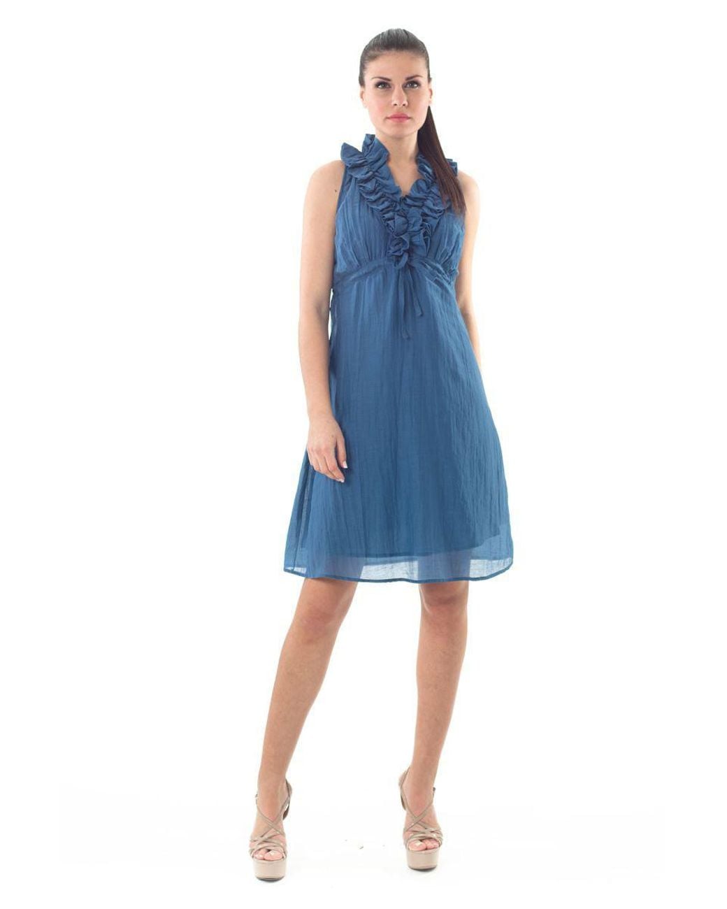 Conquista Blue Sleeveless Ruffle Detail Dress