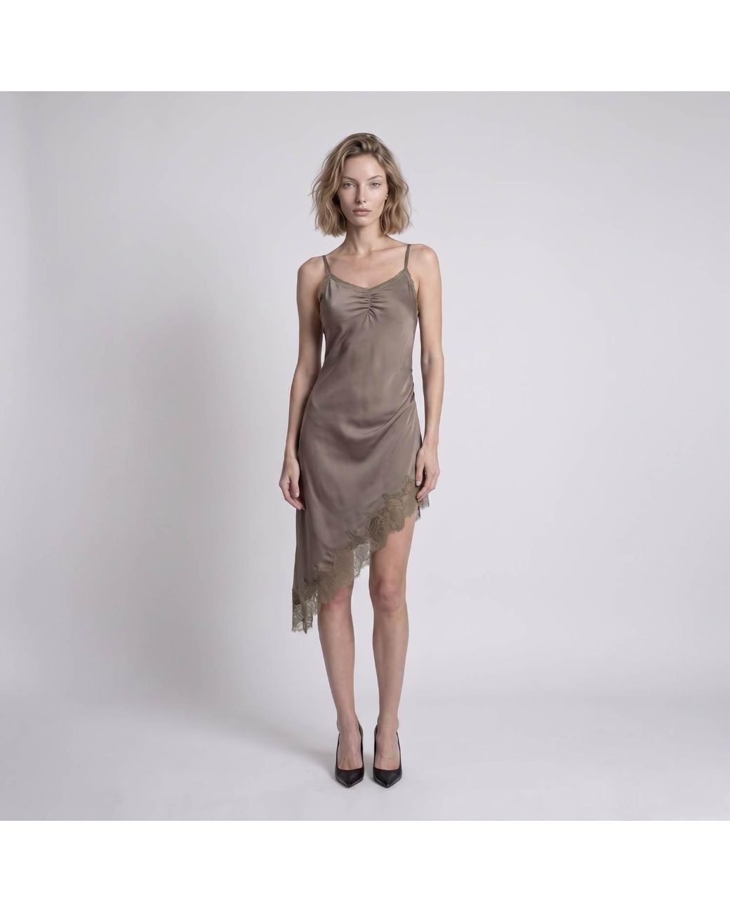 Modenaire Brown Asymmetric Satin Slip Dress With Lace Trim And Fluid Draping