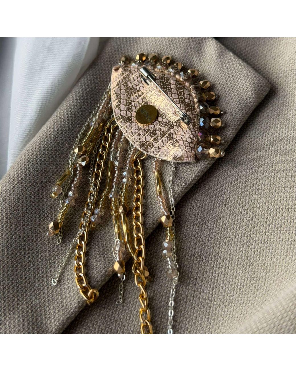 VETKA Natural Neutrals Talisman Eye Brooch With Fringe- Golden Gaze