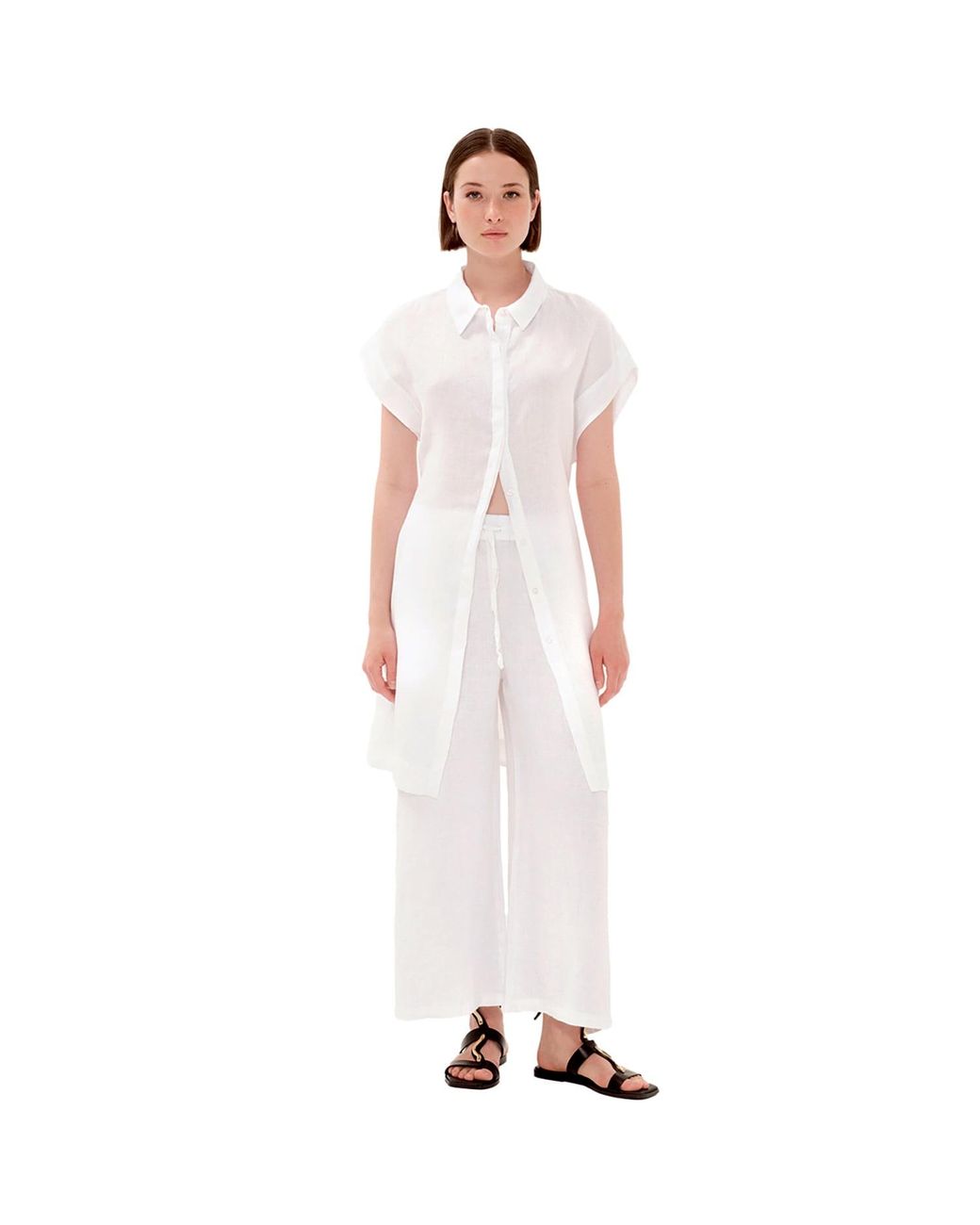 Haris Cotton Blue Drawstring Waist Wide Leg Linen Pants Crystal