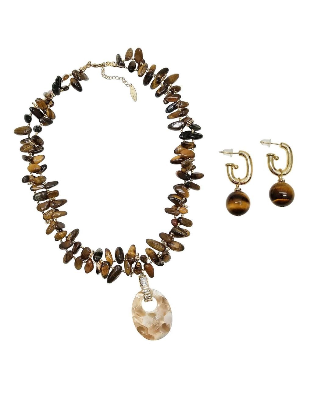 Farra Metallic Classical Tiger Eye With Shell Pendant Necklace And Earrings Jewelry Set