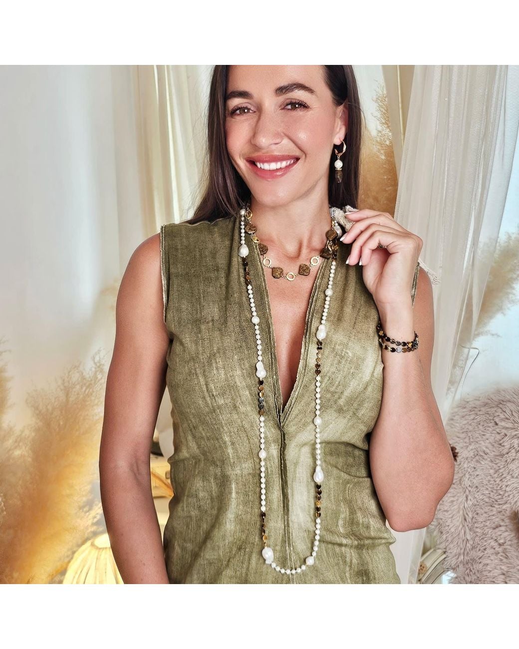 Farra Metallic Baroque Freshwater Pearls With Heart Tiger-Eye Stone Long Necklace