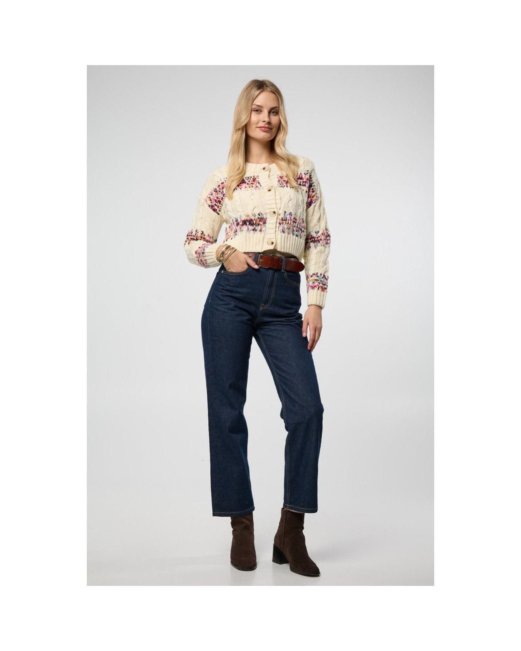 Saachi Pink Fair Isle Cable Knit Cardigan