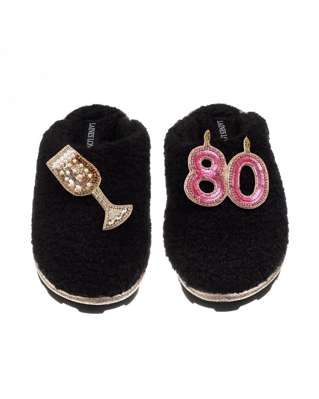 Laines London Black Teddy Closed Toe Slippers With 80Th Birthday & Champagne Glass Brooches