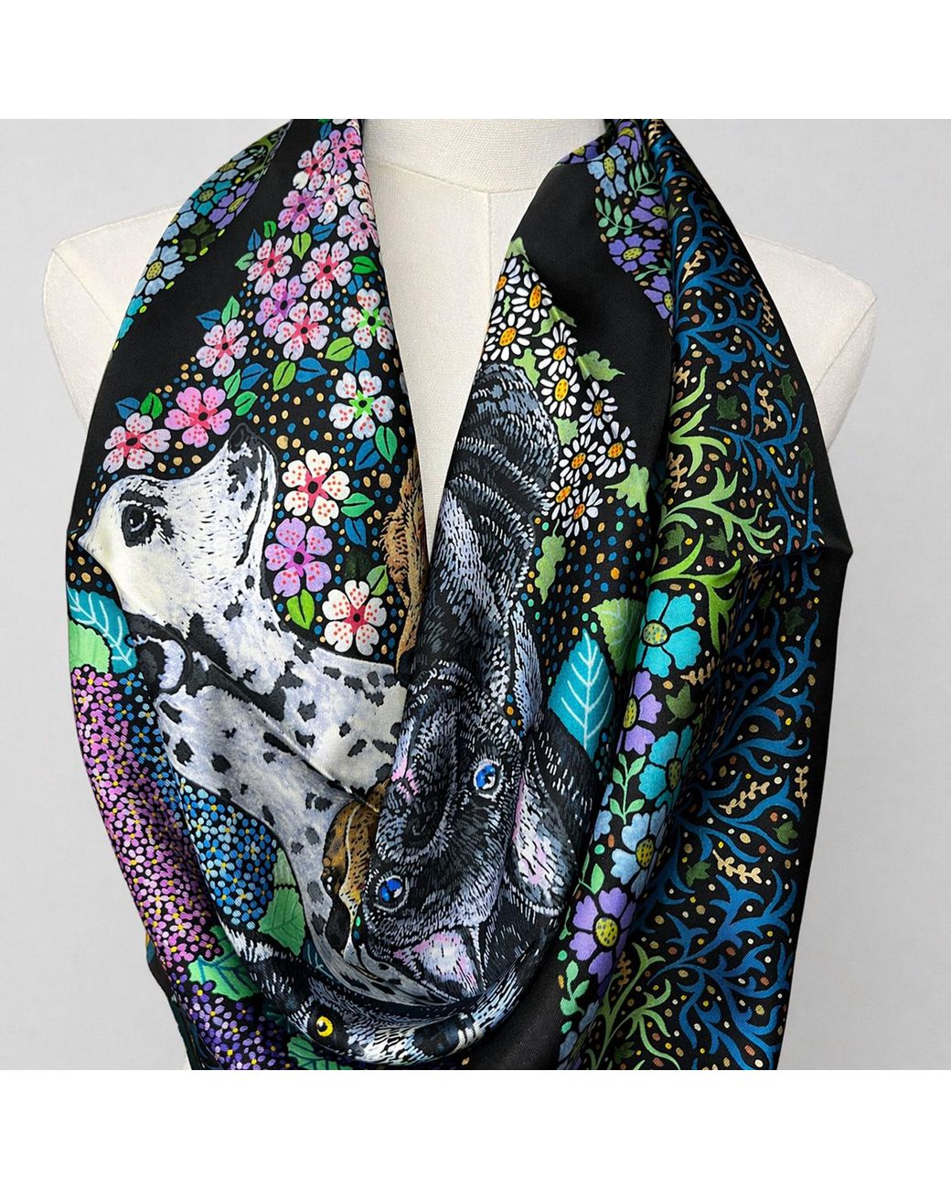 Wenzi Multicolor Whiskered Court The Canine Chapter Hand Painted Pattern Silk Twill Scarf