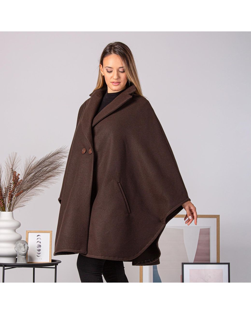 Nikka Place Brown Oversize Wool Cloak Coat With Pockets