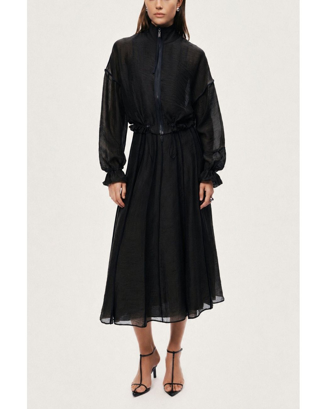 Nocturne Black Braid-Trim Pleated Midi Skirt
