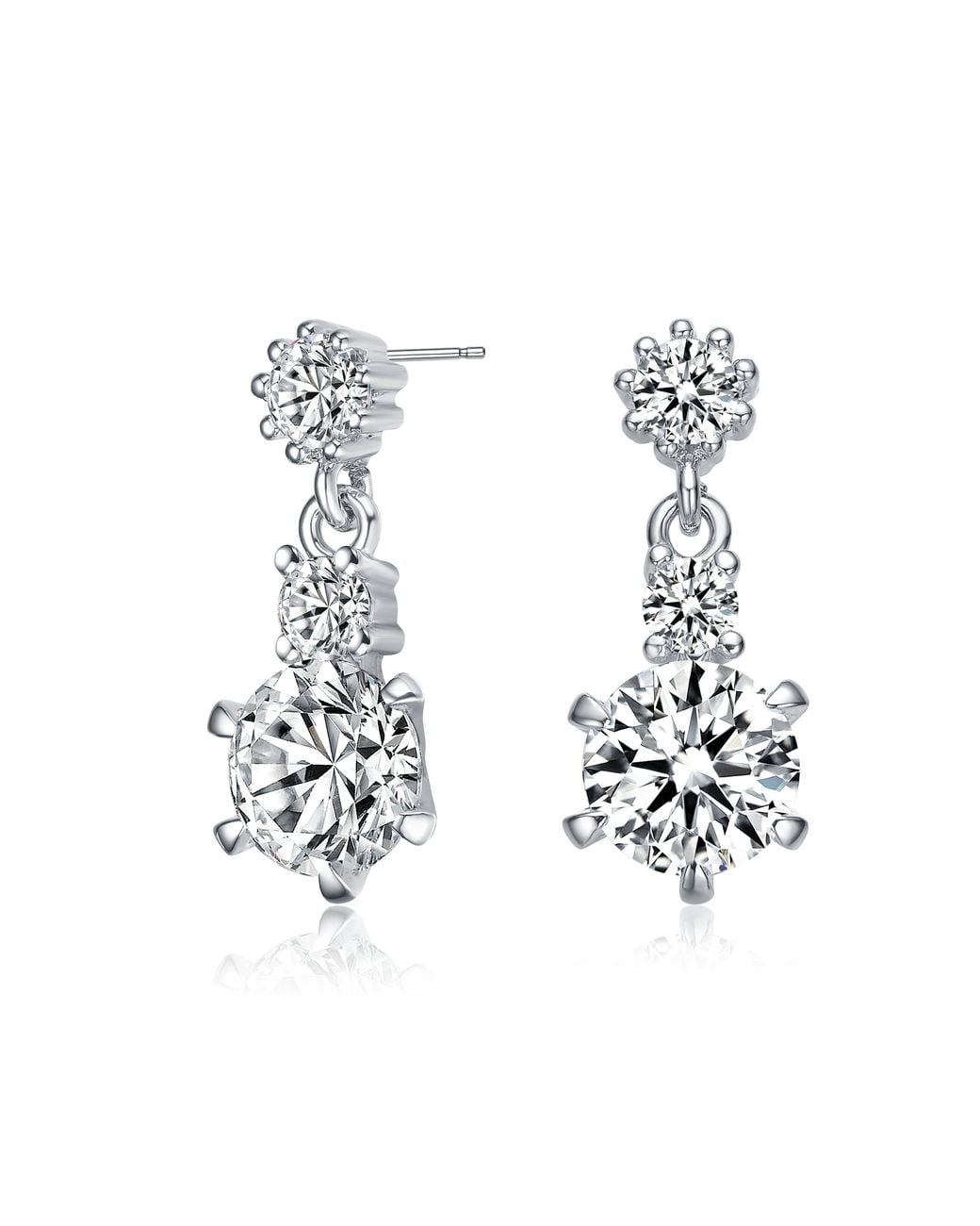 Genevive Jewelry White Sterling Plated With Clear Round Cubic Zirconia Three-Stone Drop Earrings