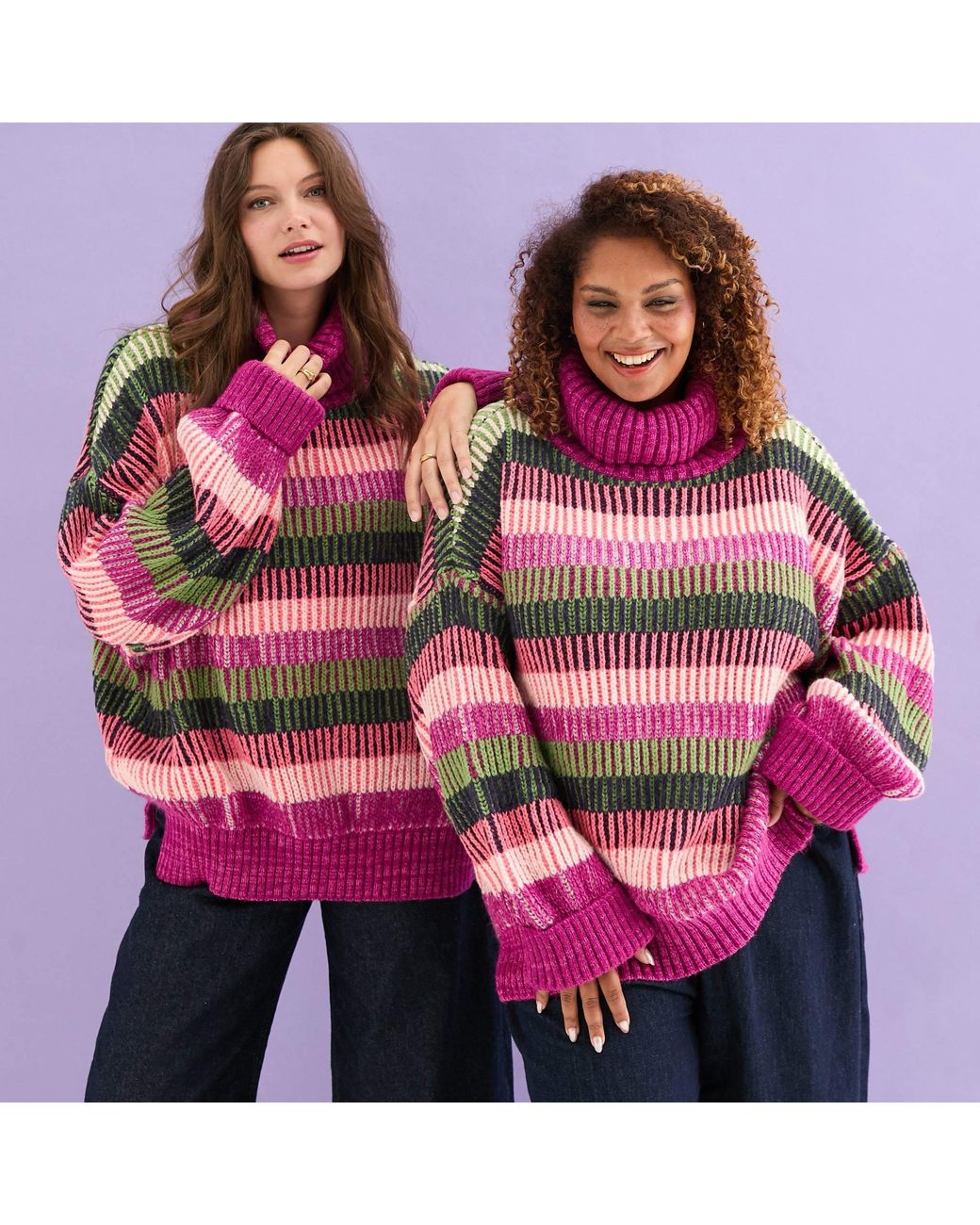 Cara & The Sky Purple Tasha Oversized Balloon Sleeve Stripe Roll Neck Jumper