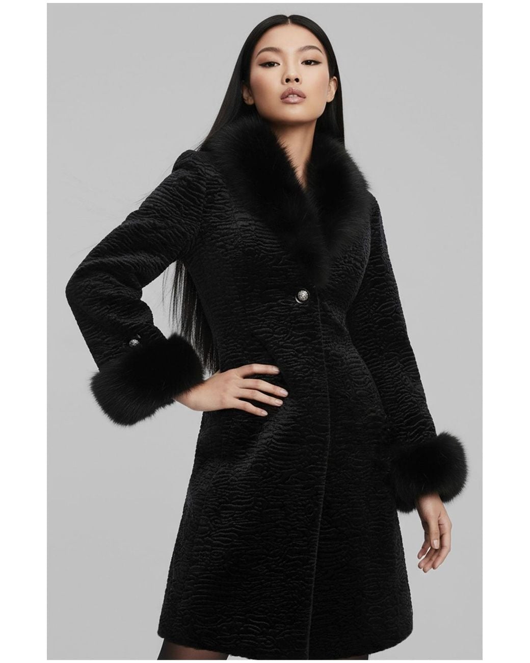 Luna Fashion House Black Textured Coat With Faux Fur Collar & Cuffs, Paula