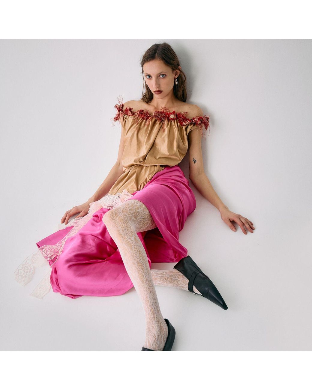 Miro Misljen Pink Off-Shoulder Romantic Midi Dress
