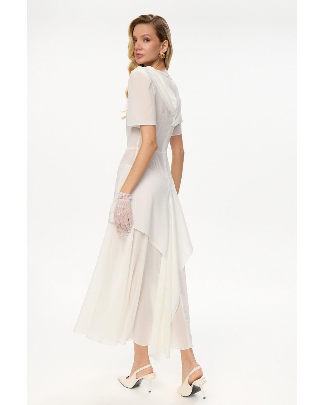 POST MERIDIEM White Chiffon Asymmetrical Midi Dress