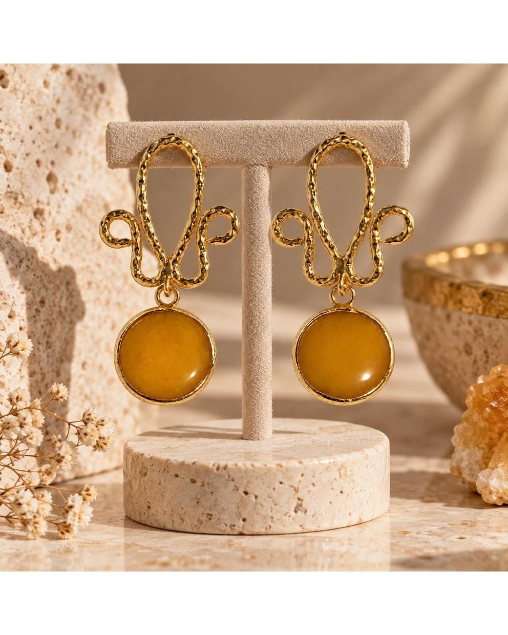 By Ozge Metallic Golden Spirit Mustard Natural Stone Sculptural Brass Drop Earrings