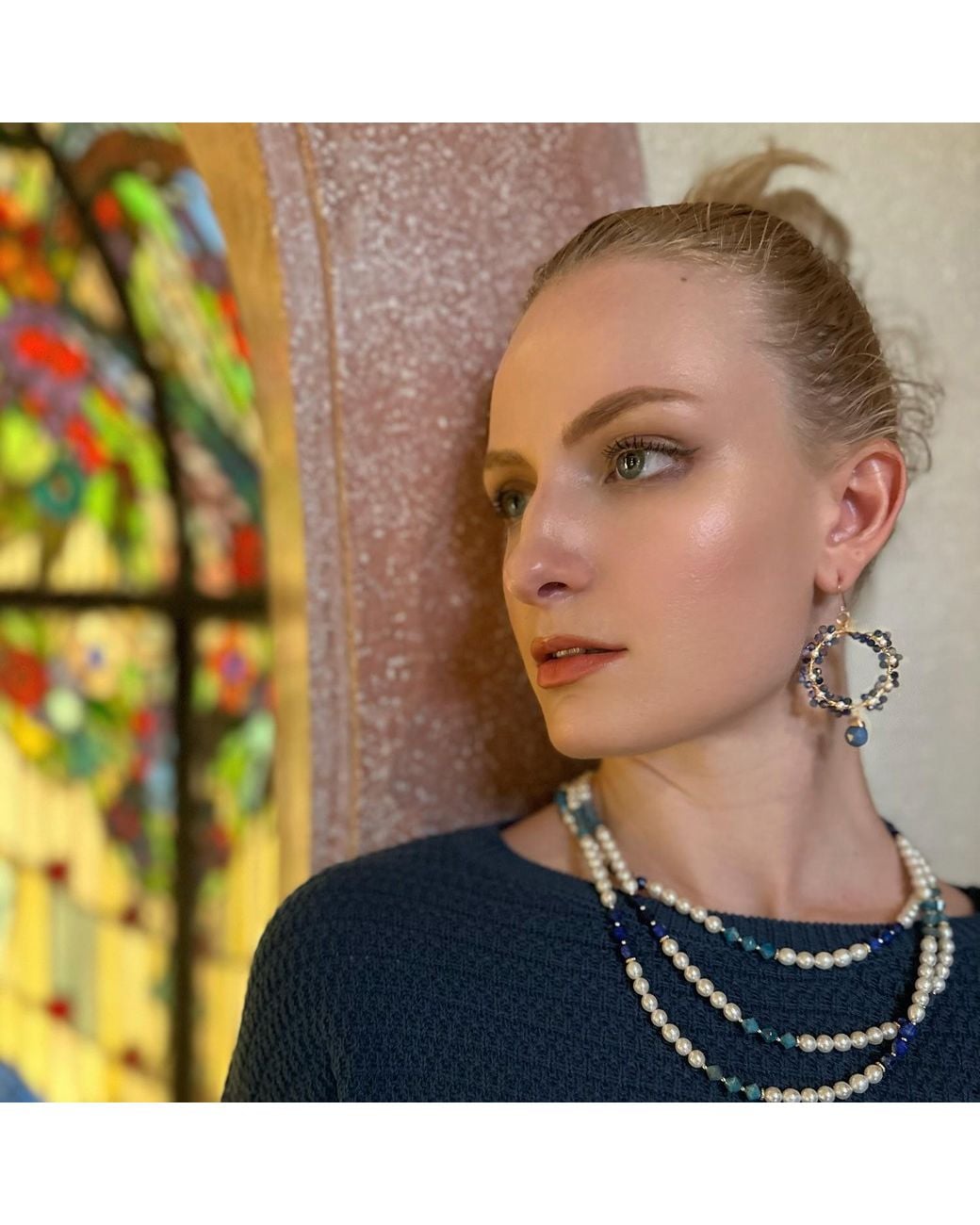 Farra Blue Gemstone And Freshwater Pearls Colour Blocking Multi-Strands Necklace