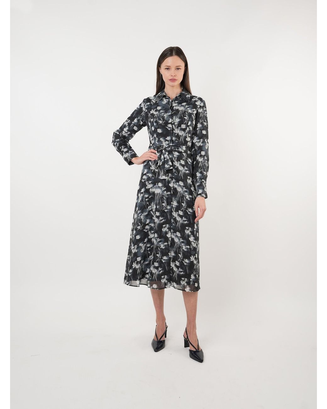 John Abgin Black Chiffon Scatter Printed Shirt Dress