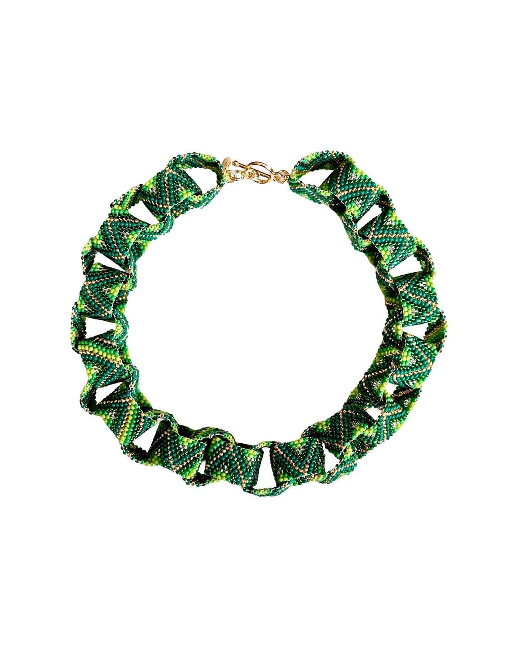 Iliana Arrazola Green Bold Chunky Link Necklace, Glass Beads, Beaded Jewelry
