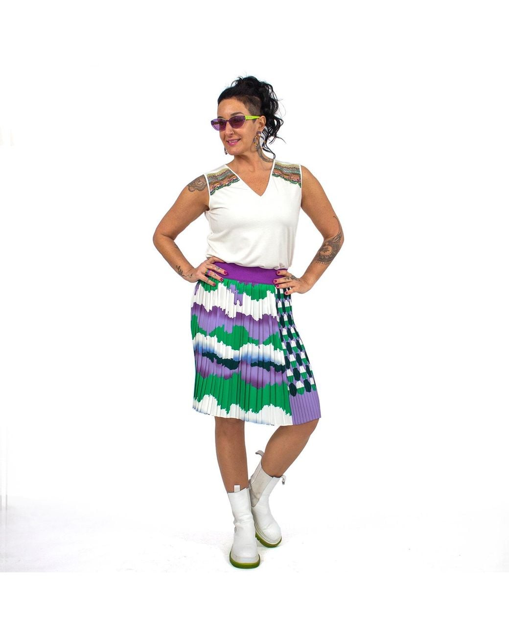 Lalipop Design Green Knee-Length Pleated Skirt With Wavey & Polka Dot Print