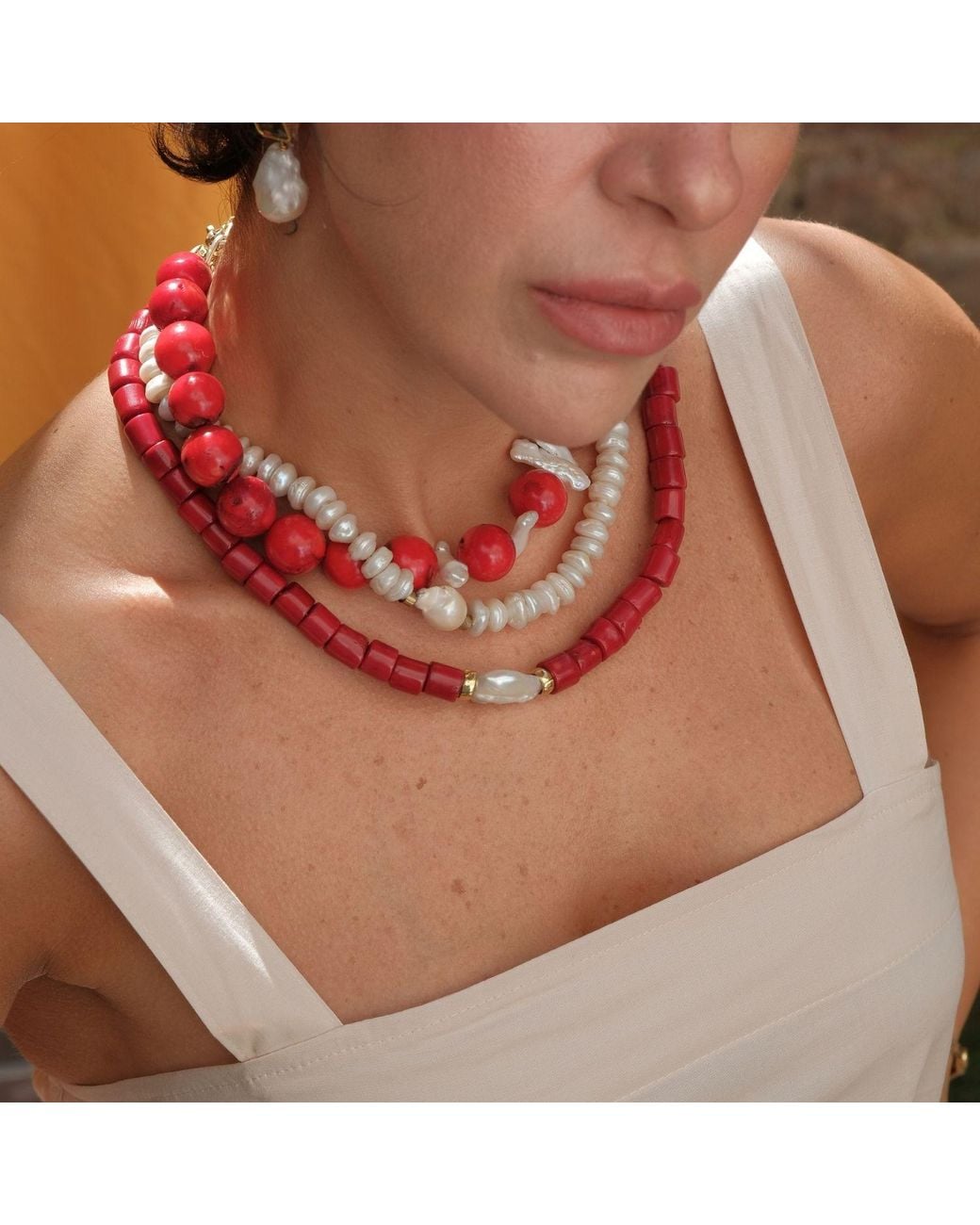 LINYA JEWELLERY Red Harmonia Baroque Pearl Coral Necklace