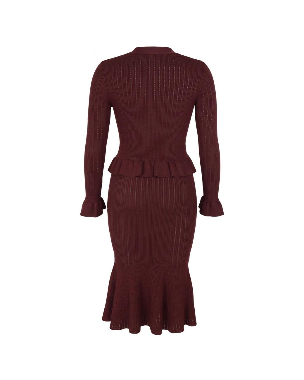Modenaire Red Pointelle Knit Peplum Cardigan And Midi Skirt Set