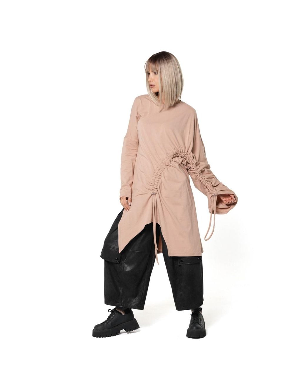 Metamorph Pink Neutrals Asymmetric Cotton Tunic With Adjustable Drawstring Details