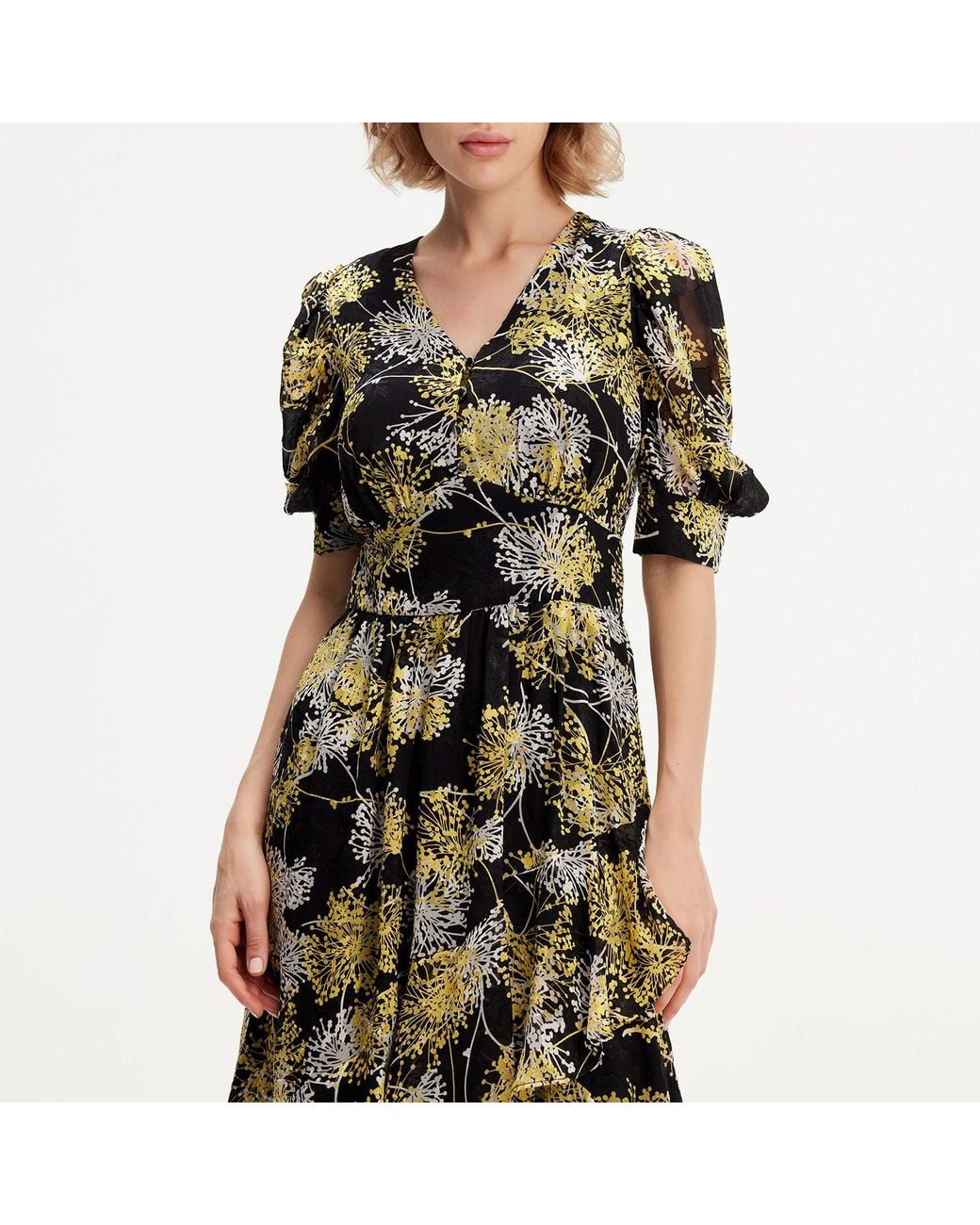 Smart and Joy Green Linear Flower Print Plunging Hem Dress