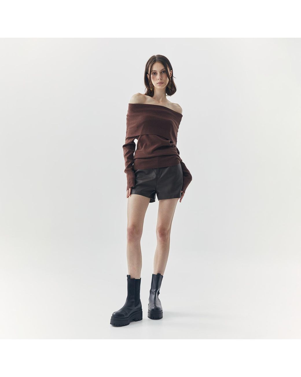 Ats the Label Brown Sia Off Shoulder Knit Top