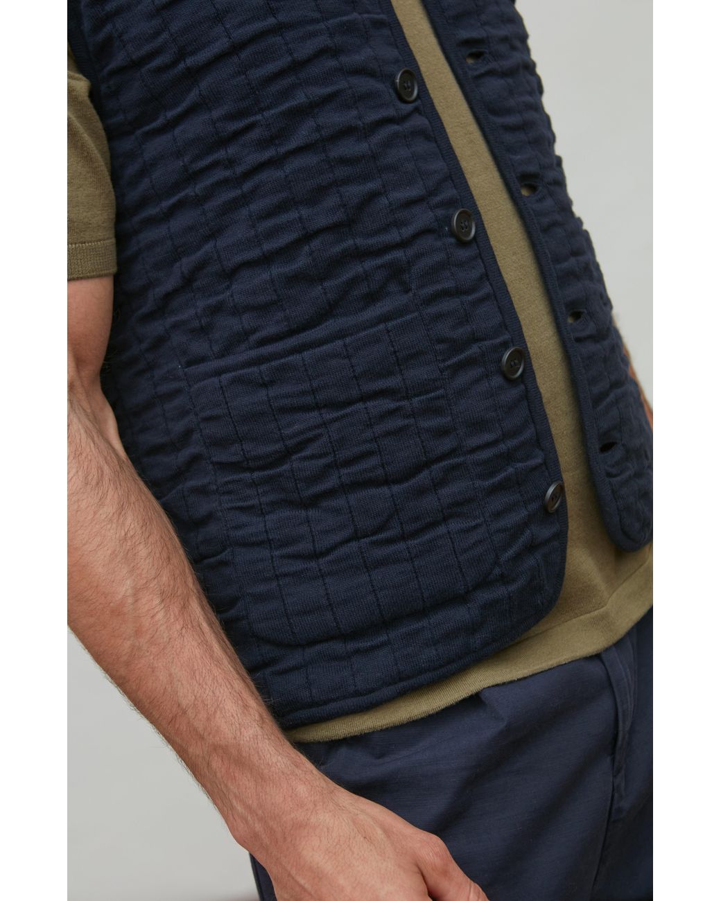 Paul James Knitwear Blue Cotton Forrester Quilted Knitted Gilet for men