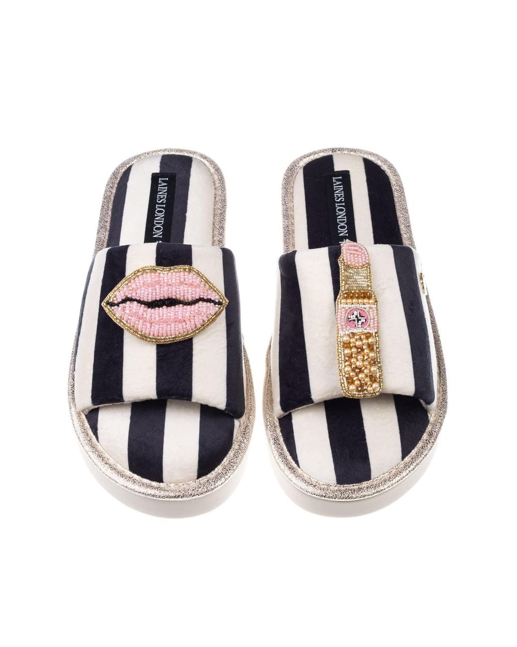 Laines London Black Flatform Stripe Open Toe Slippers With Lips & Lipstick Brooches