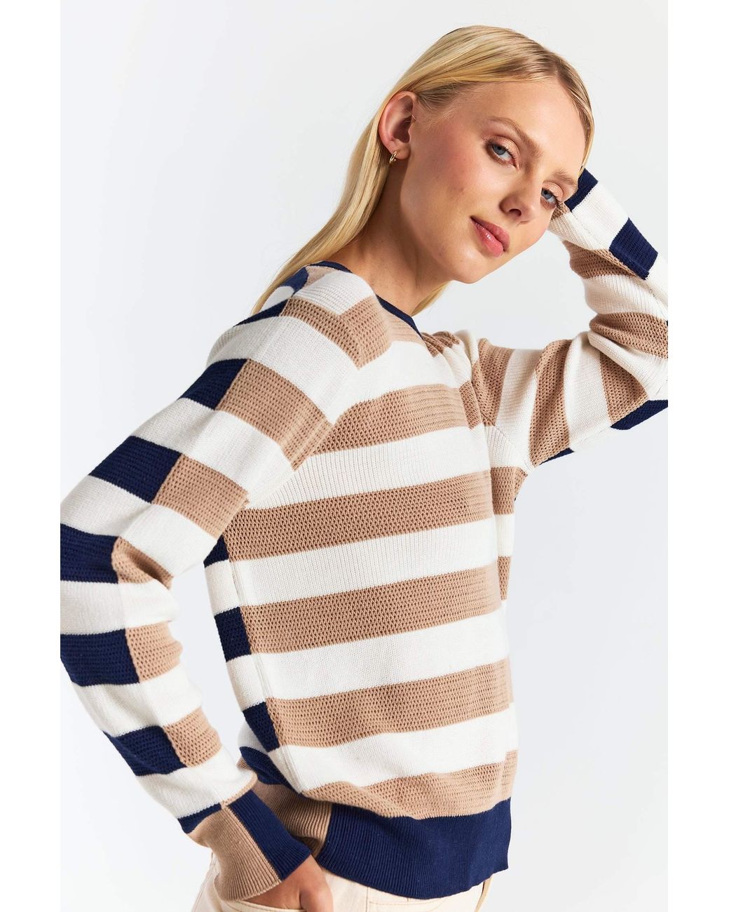Brodie Cashmere White Mesh Stripe Crew