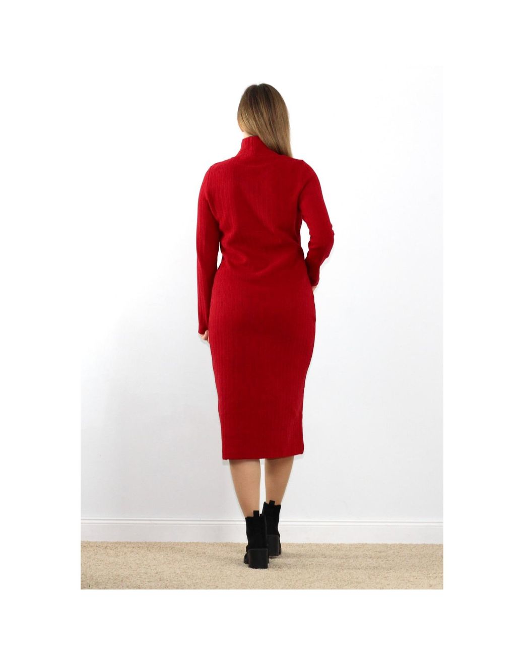 Oh!Zuza Red Long-Sleeved Turtleneck Ribbed Cotton Dress