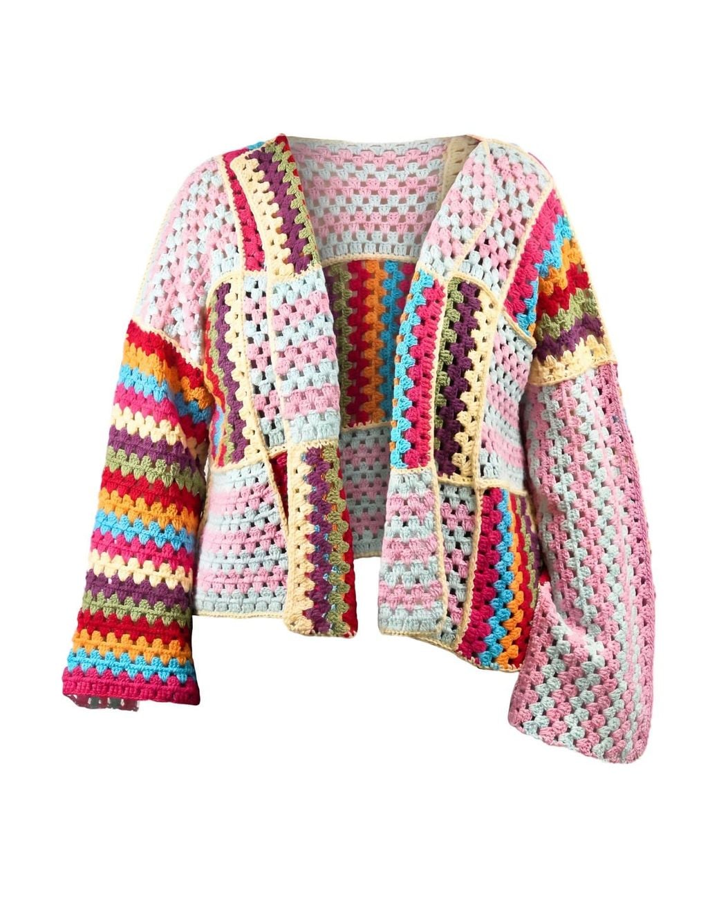 Ana Chic Red Striped Patchwork Handmade Crochet Cardigan