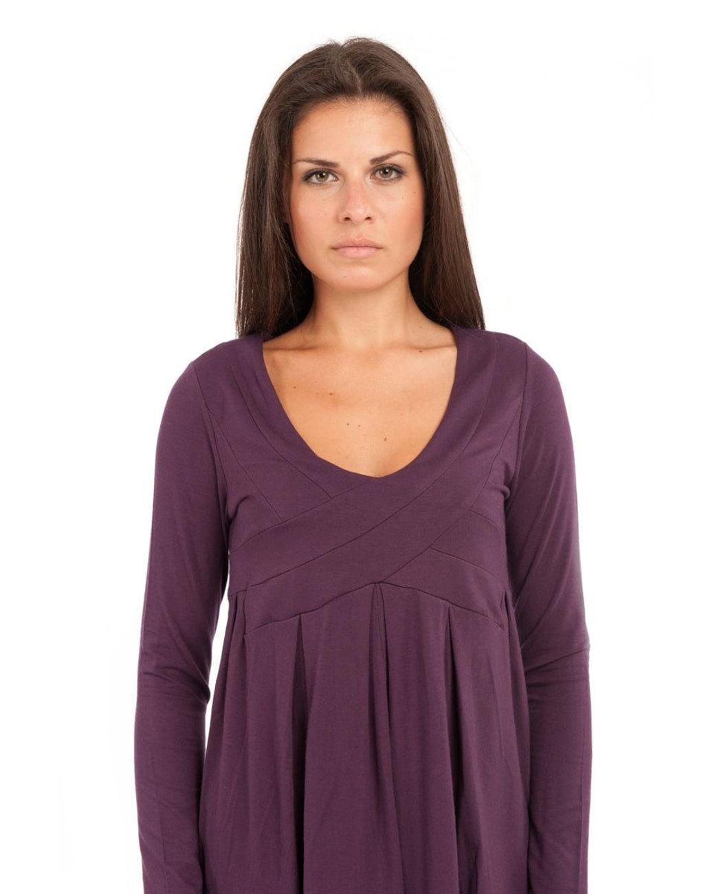 Conquista Purple V Neck Stretch Jersey Empire Line Top With Pleat Detail