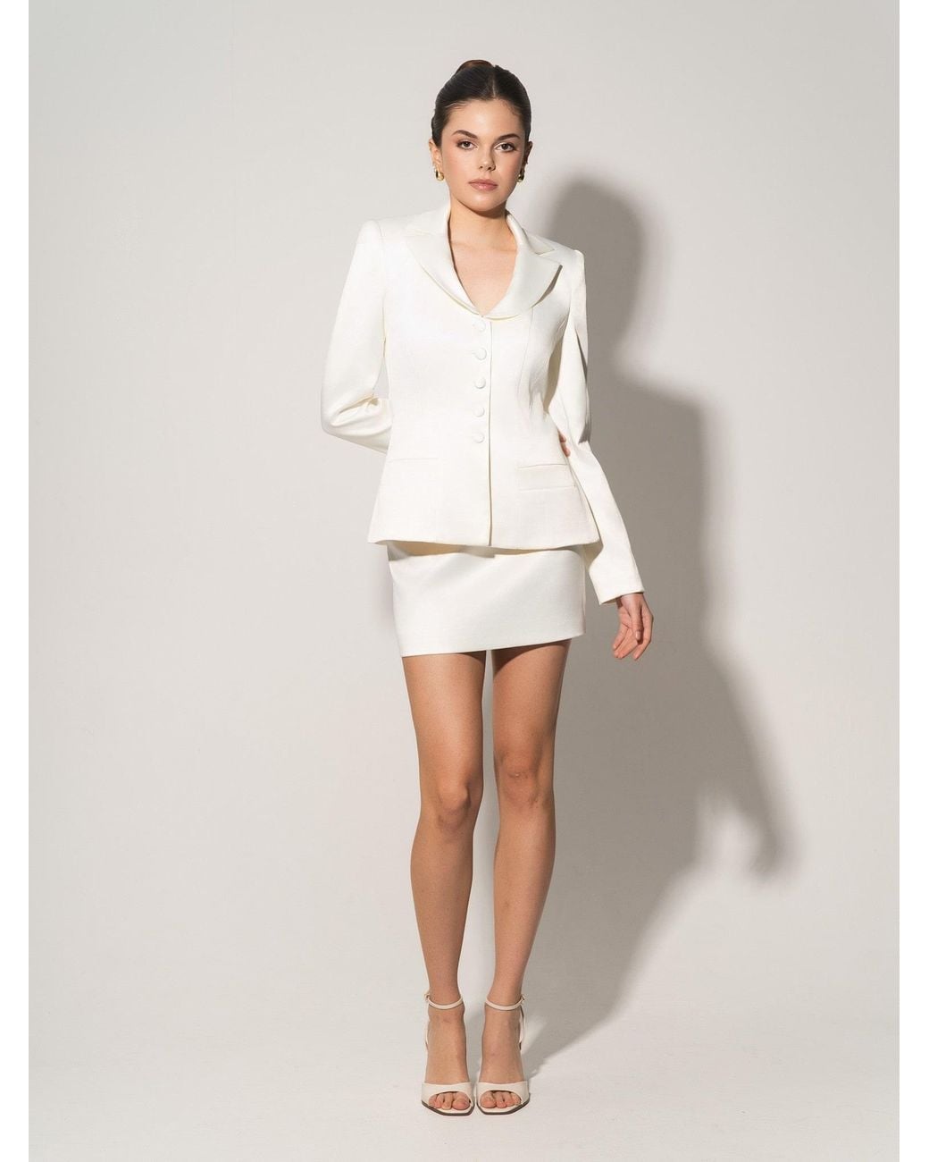 Tia Dorraine White Tailored Satin Blazer & Mini Skirt Set