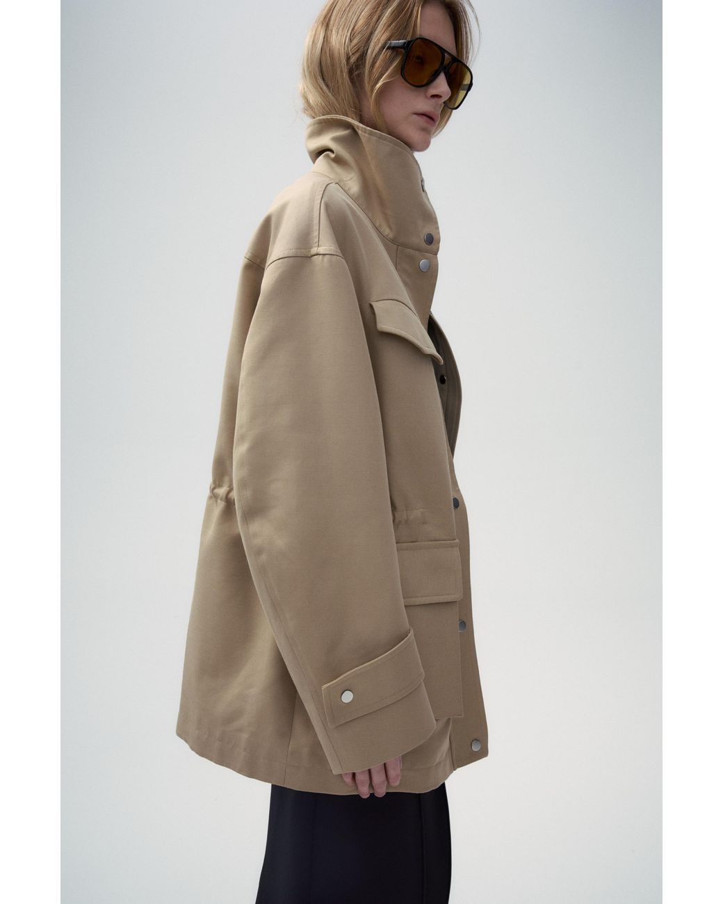 FRONT ROW SHOP Natural Safari Jacket With Flap Patch Pockets