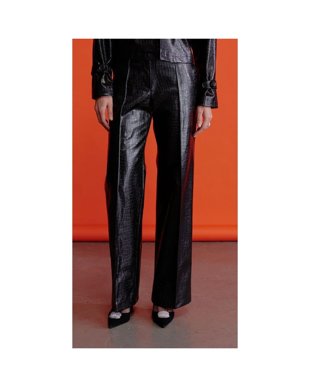 NAZLI CEREN Gray Millie Straight Cut Croc-Effect Trousers
