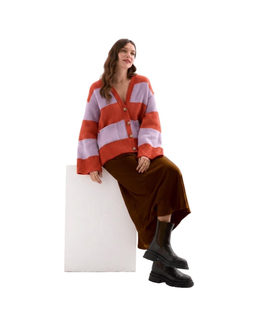 Cara & The Sky Red Candice Chunky Stripe V Neck Button Cardigan